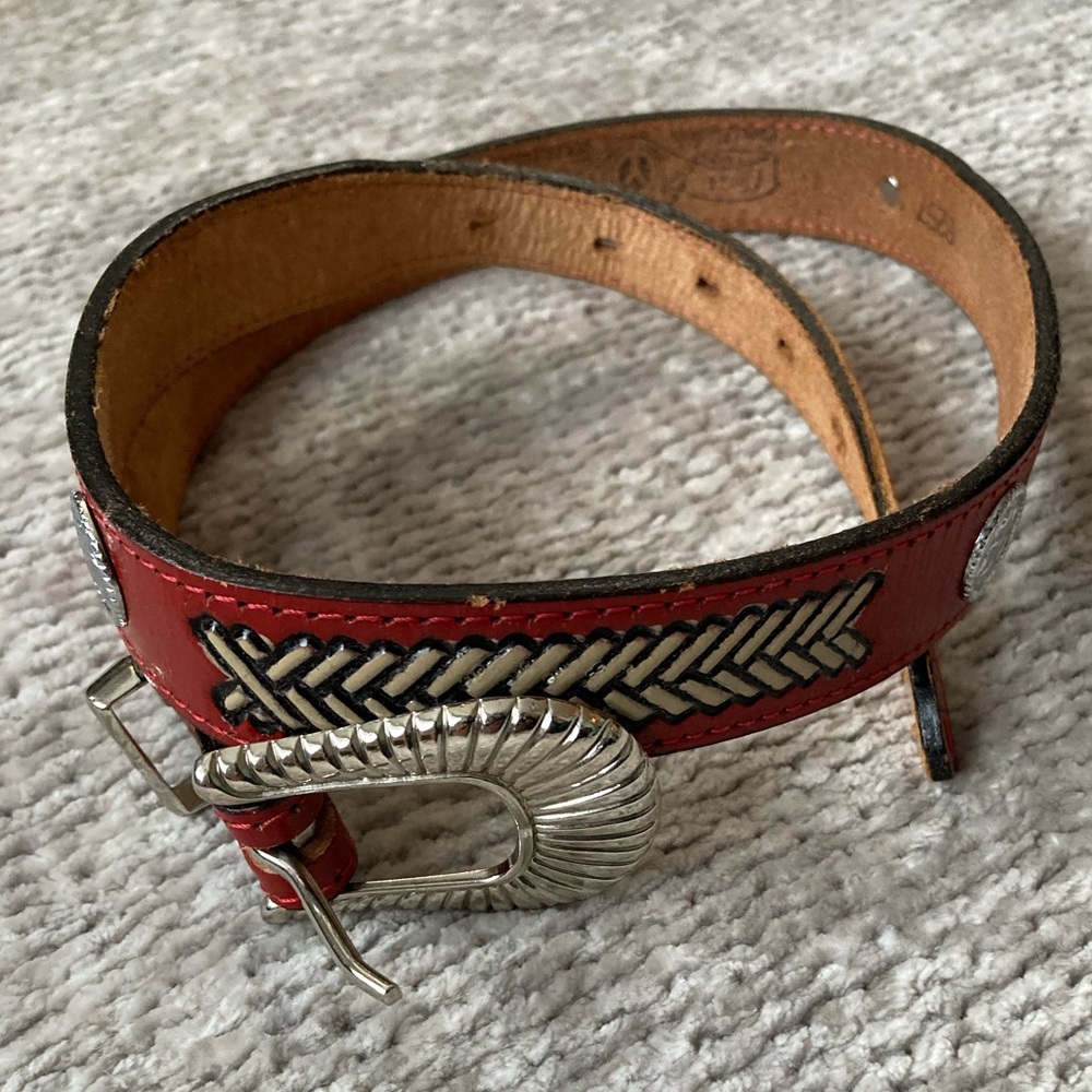 Red Braided Accent Leather Belt with Silver Buckle